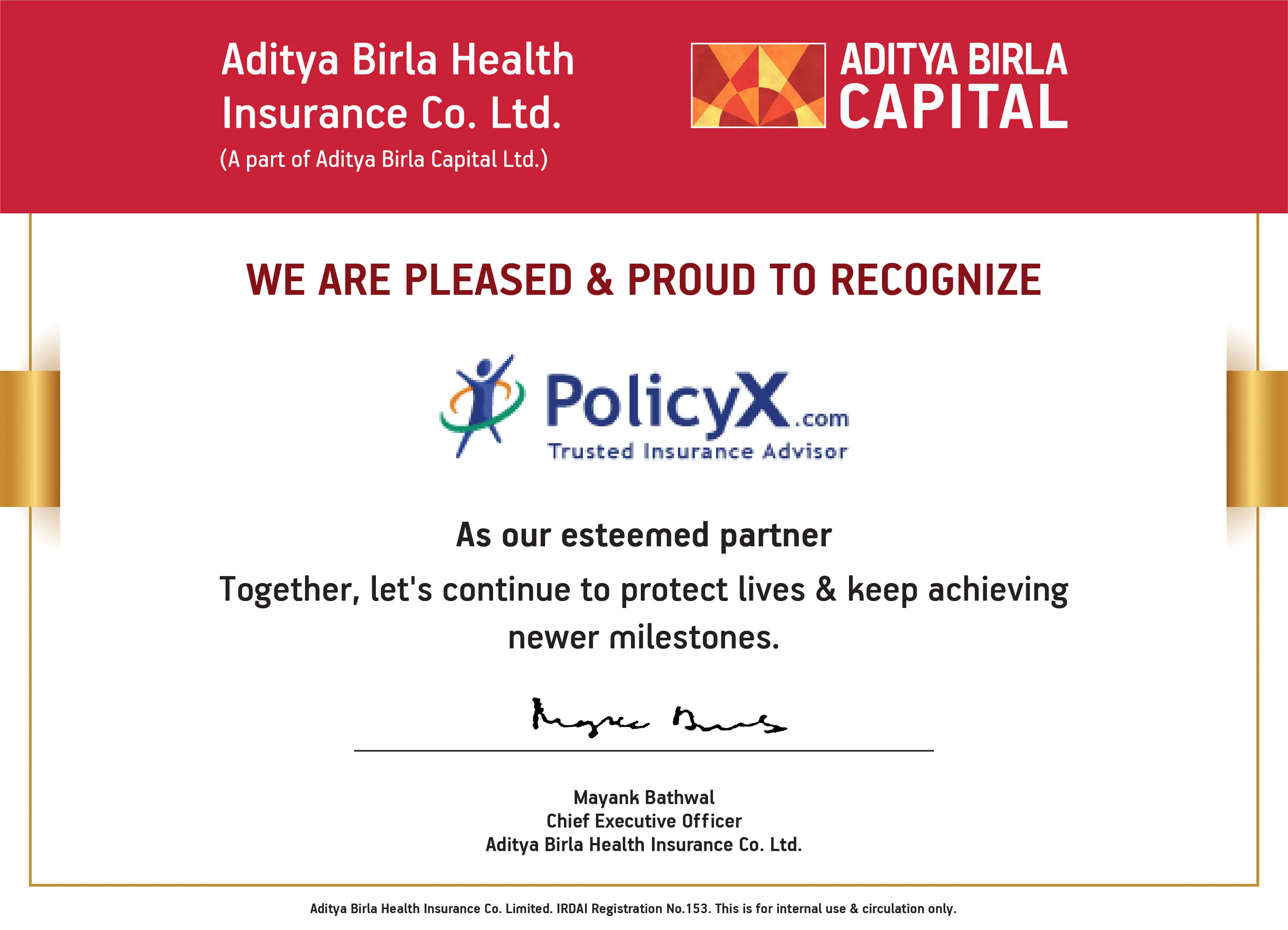 Aditiya Birla Health Insurance Certificate