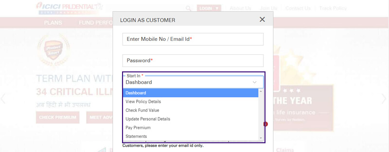 Login as Existing user in ICICI Pru customer portal