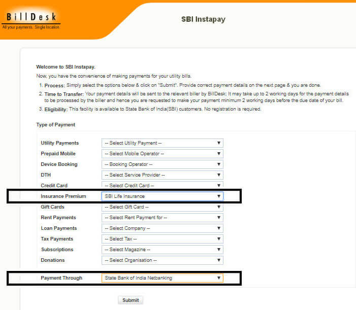 SBI Life Bill Desk