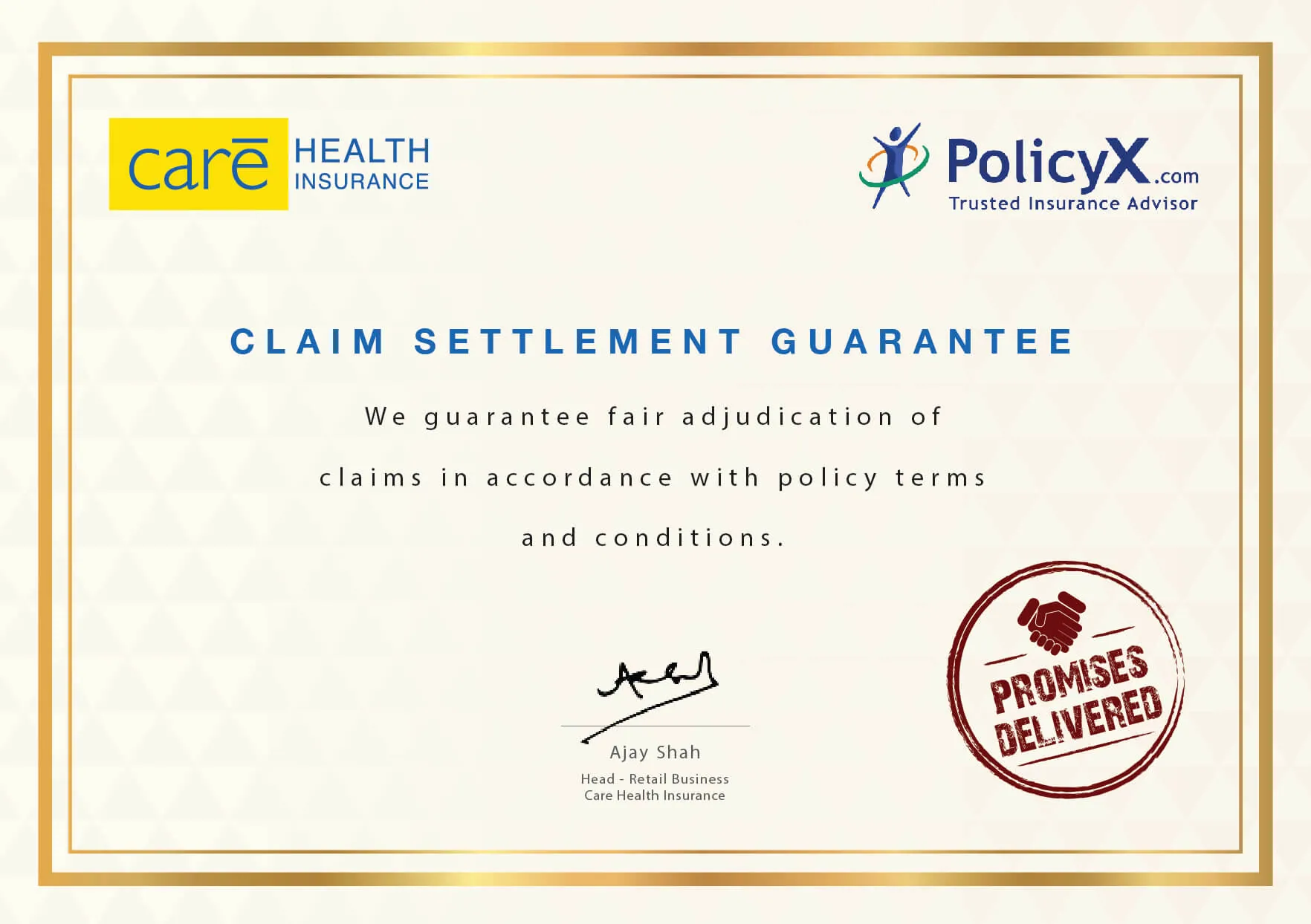 Care Health Insurance Claim Settlement Certificate