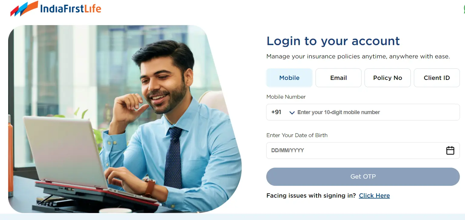 Indiafirst Life Insurance Customer login form