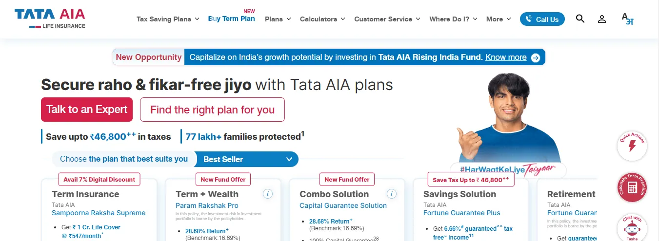 Tata Aia Life Insurance company Homepage